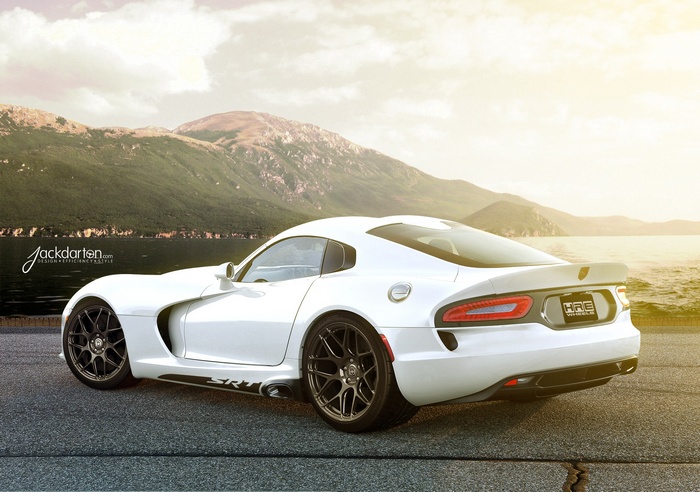 White Dodge Viper SRT on a road with mountains