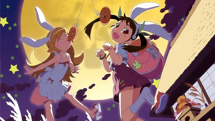 Hachikuji Mayoi and Oshino Shinobu play with donuts