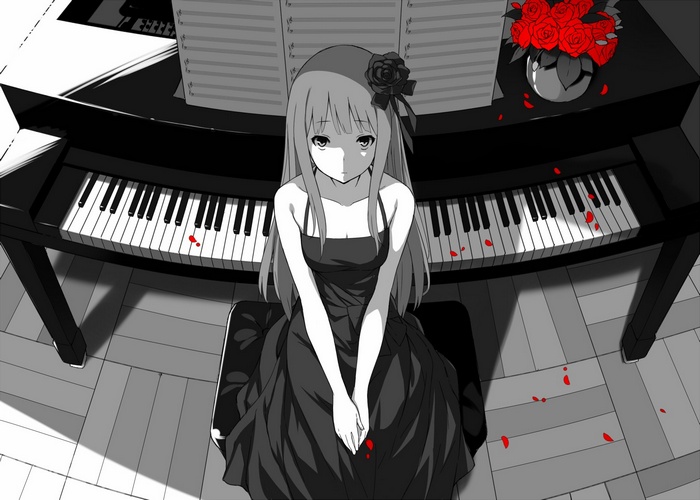 Anime girl in black dress at a piano with red roses