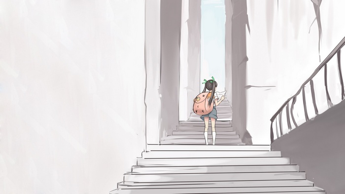 Hachikuji Mayoi on stairs with a map