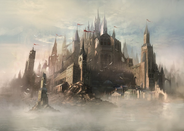 Fantasy castle artwork with birds flying