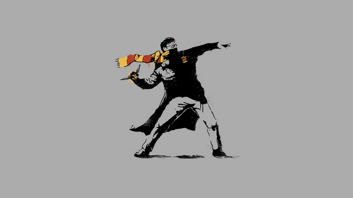 Harry Potter throwing a Molotov cocktail in Banksy style