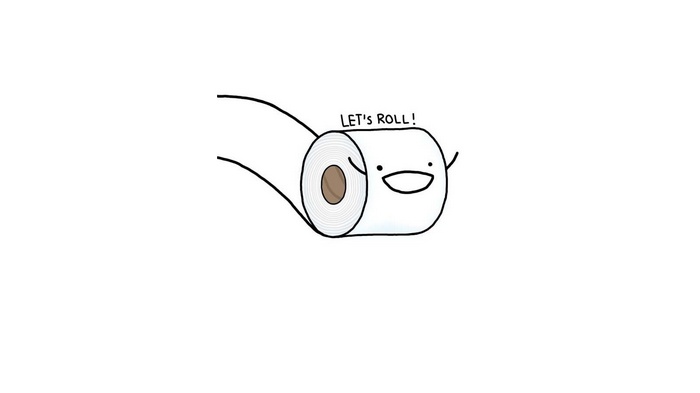 Toilet paper roll character saying "Let's roll!"
