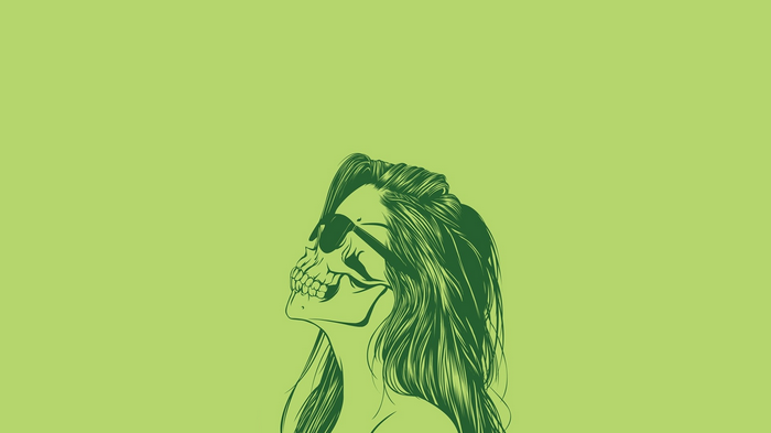 Green illustration of a skull with sunglasses and hair