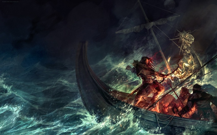Vikings on a ship in a stormy sea