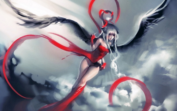 Angel artwork with black wings and red dress