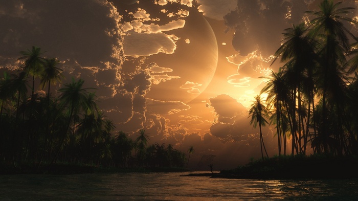 Alien planet landscape with palm trees and a large moon