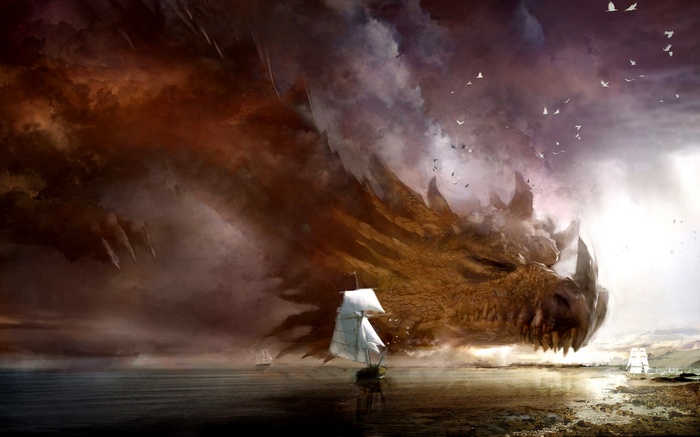 A colossal dragon emerges from stormy clouds over a sea with ships