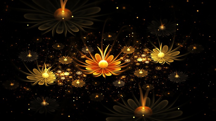 Abstract fractal flowers with glowing golden petals