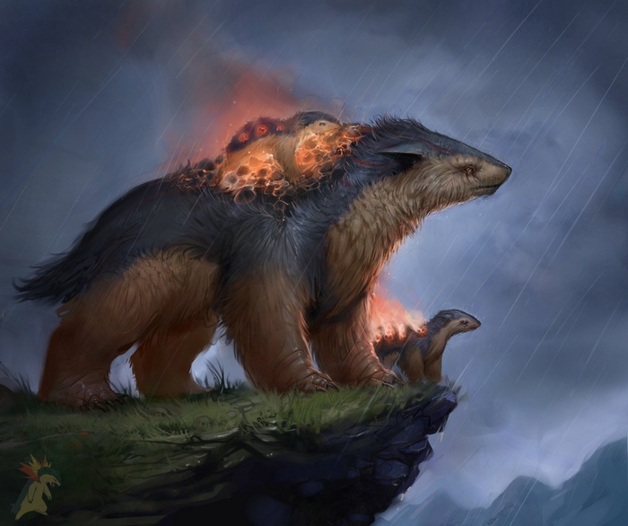 Typhlosion and Cyndaquil in the rain