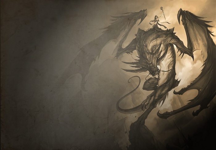 A woman rides a dragon in a smoky environment