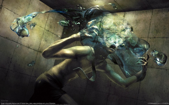 Surreal artwork of a person drowning in an empty room
