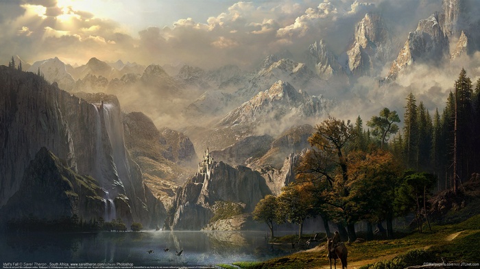 Fantasy Landscape with Castle and Waterfall