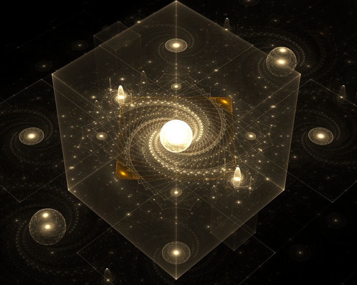 Abstract fractal cube with glowing spheres and spirals