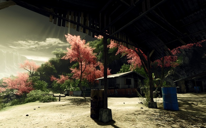 Crysis scene with pink trees and a small house