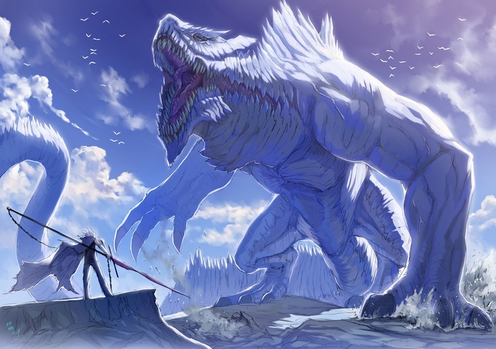 Giant white creature confronts a warrior