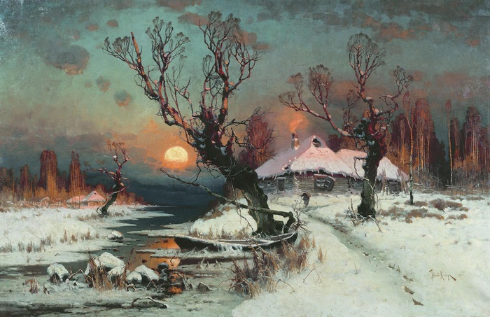 Winter landscape painting with a moonlit cabin and frozen river