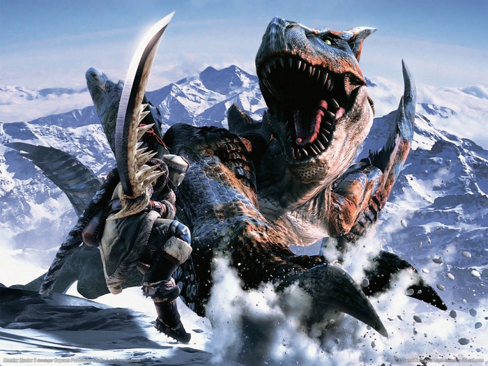 Monster Hunter Tigrex fighting in snowy mountains