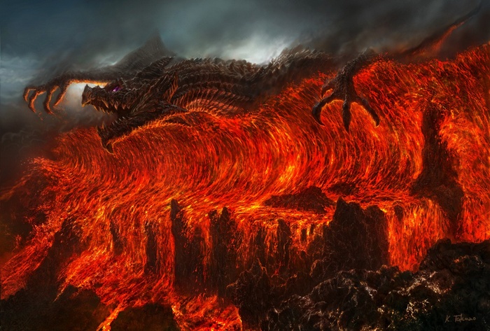 A fearsome dragon emerges from a river of lava