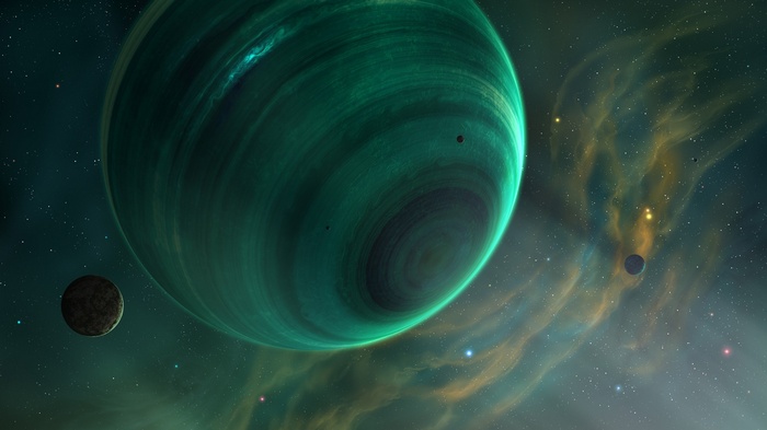 Green planet with moons and nebula in space