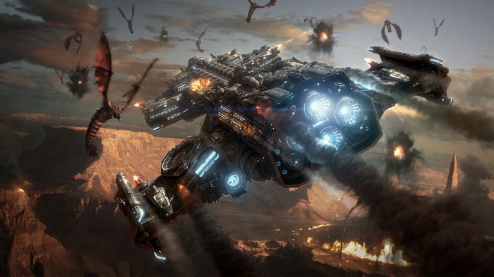 StarCraft battle between spaceships and dragons