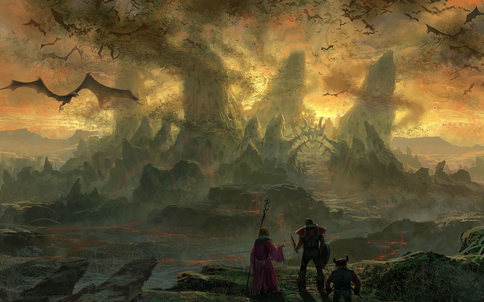 Fantasy landscape with dragons and adventurers