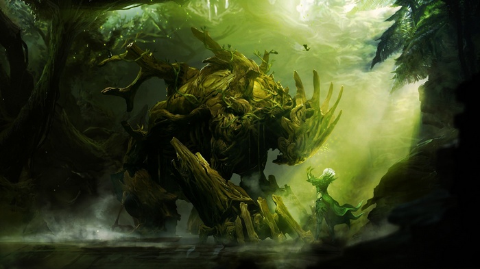 Fantasy art of a large tree creature and a small fairy