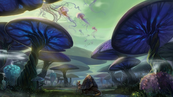 Fantasy art of jellyfish and magic mushrooms
