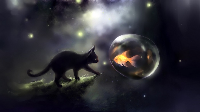 cat, Apofiss, glowing, fish, goldfish, kittens, bubbles, artwork, fantasy art, black cats