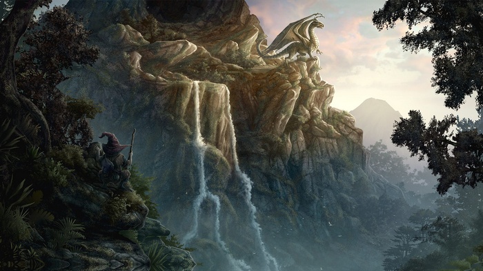 Dragon on a cliff overlooking waterfalls with a wizard