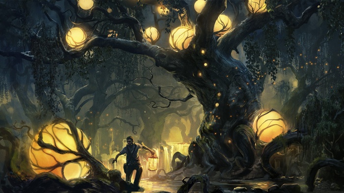 Fantasy art of a man with a lantern in a glowing forest