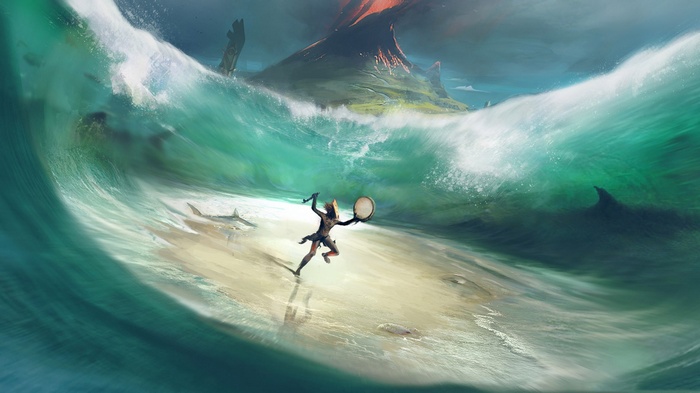 A warrior with a drum faces a tsunami and sharks