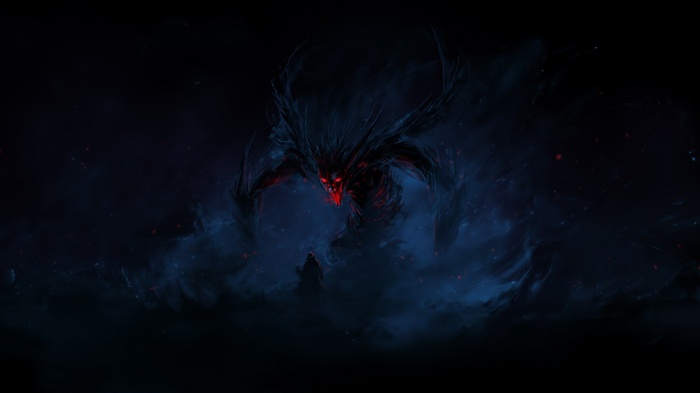 A dark demon creature with red eyes looms over a person