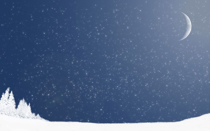 Winter night sky with crescent moon and snow-covered trees
