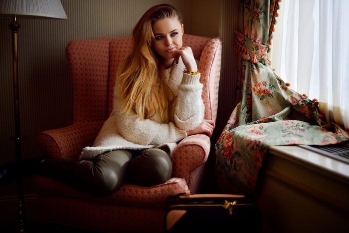 blonde, sitting, white sweater, women, Kristina Bazan, blue eyes, sweater