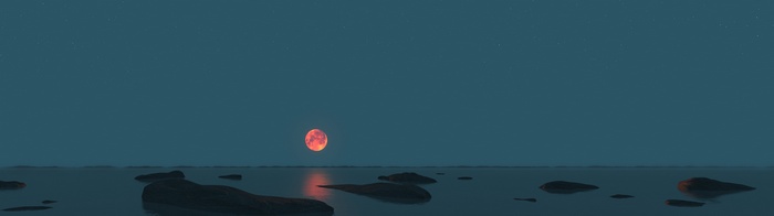 Red Moon Over a Rocky Shoreline at Night