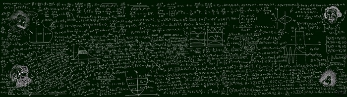Blackboard with Quantum Mechanics Equations and Portraits