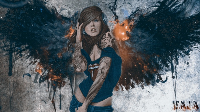 Woman with headphones and Rolling Stones logo, with wings