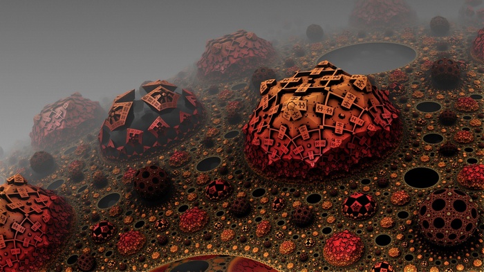 Abstract fractal landscape with geometric spheres