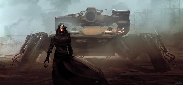 A hooded figure stands before a large mechanical walker