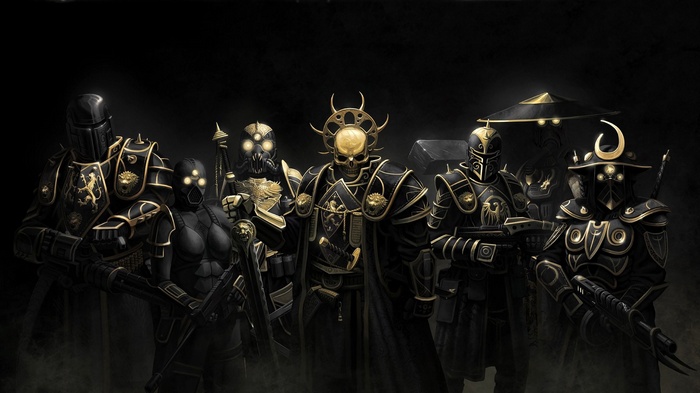 E.Y.E: Divine Cybermancy warriors in black and gold armor
