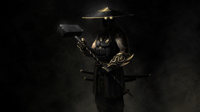 Cyberpunk warrior with hammer and swords