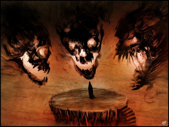 Three demonic skulls loom over a robed figure on a platform