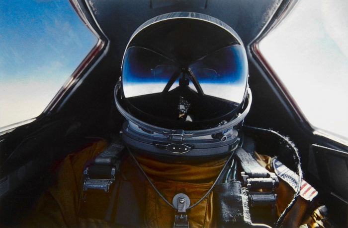 Pilot in a Lockheed SR-71 Blackbird cockpit