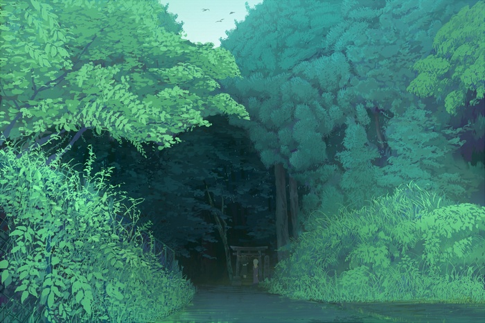 Anime forest path with a shrine