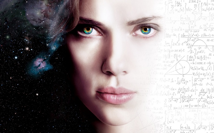 Scarlett Johansson as Lucy with space and math