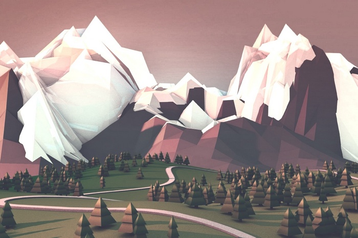 Low poly mountains with a forest and road