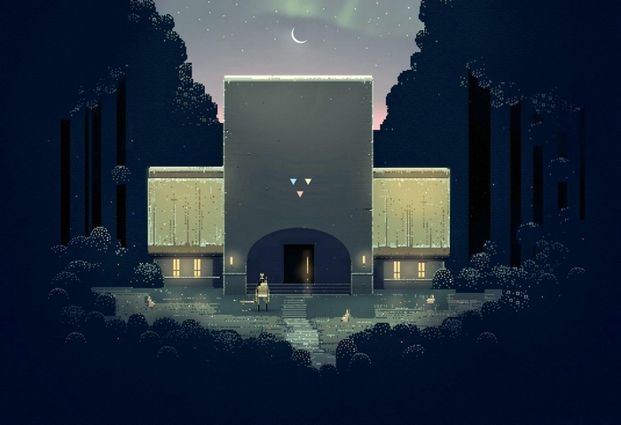 Pixel art of a building at night with a crescent moon