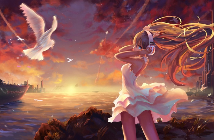 Girl with headphones and birds at sunset