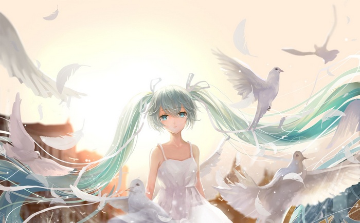 Hatsune Miku surrounded by white birds and feathers